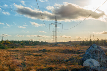 Large transmission lines and metal towers move electricity, conductors, and distribution wires for...
