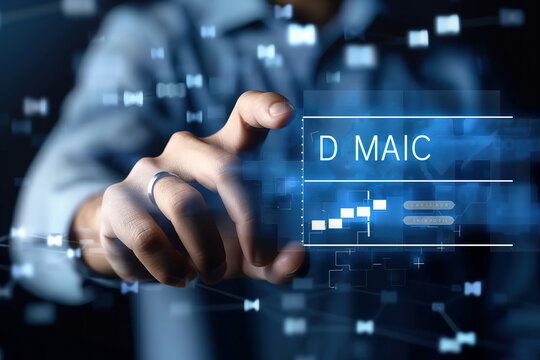 DMAIC concept. Define, Measure, Analyze, Improve and Control. Businessman touching DMAIC continuous improvement tools on virtual screen for process quality