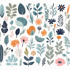 A collection of seamless pattern, colorful abstract plants and flowers. Hand drawn Collection of leaves and flowers. A close up of a pattern of flowers and leaves.
