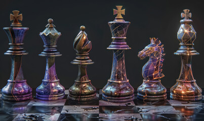 enchanted chess pieces in mystical light