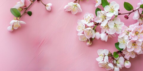 Flowers blossoms on light pink background. Template with copy space - 766661214