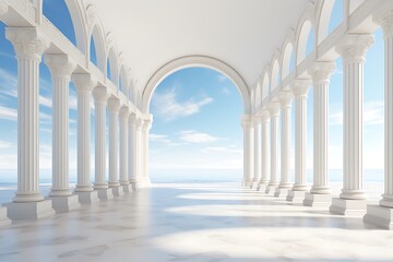 White colonnade with columns on the background of the sea. 3d rendering