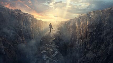 Lone man crosses a narrow path towards the Cross leaving money behind. Spiritual fulfillment and Christian Easter concept.