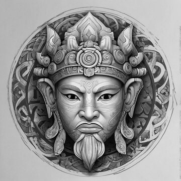 Black and white asian god illustration