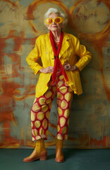 Colorful, vibrant photo of fashion-forward attire blending bold patterns and a vintage flair, showcasing quirkiness and personal style. Fashionable grandmother.