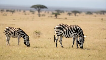 Fototapeta na wymiar A Zebra Grazing Alongside Other Herbivores On The