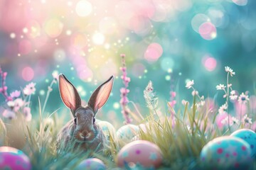 Fototapeta na wymiar Abstract Defocused Easter Scene - Ears Bunny Behind Grass And Decorated Eggs In Flowery Field - generative ai