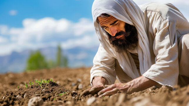 Teaching of Jesus in field., faith, religious imagery, Catholic religion, Christian illustration