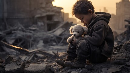 The echo of war! the child stands alone against the broken city and hugs his toy - obrazy, fototapety, plakaty