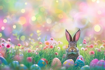 Abstract Defocused Easter Scene - Ears Bunny Behind Grass And Decorated Eggs In Flowery Field - generative ai
