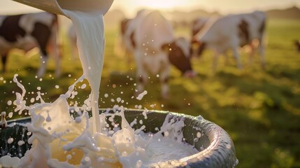 Farm Fresh Milk Professional captures of milk being collected from dairy cows on the farm emphasizing the freshness qu AI generated illustration