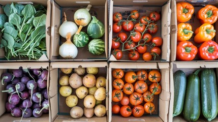 Farm Fresh Produce Boxes Detailed photographs of farm-fresh produce boxes packed with seasonal fruits and vegetables d AI generated illustration
