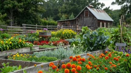 Fototapeta premium Farmhouse Gardens Cinematic shots of farmhouse gardens bursting with vibrant flowers herbs and vegetables providing beAI generated illustration