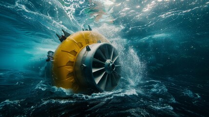 Ocean Optimism Detailed photographs of tidal turbines harnessing the power of ocean currents providing renewable energ AI generated illustration - obrazy, fototapety, plakaty