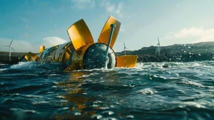 Ocean Optimism Detailed photographs of tidal turbines harnessing the power of ocean currents providing renewable energ AI generated illustration - obrazy, fototapety, plakaty