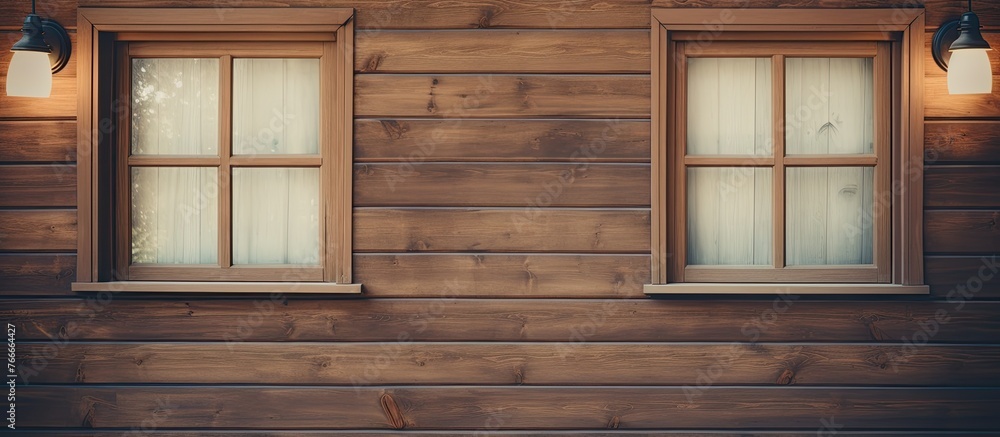 Poster a wooden building features two windows on its side, adding character to the rustic structure