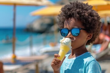 Afro-haired black boy with sunglasses eating lemon ice cream - obrazy, fototapety, plakaty