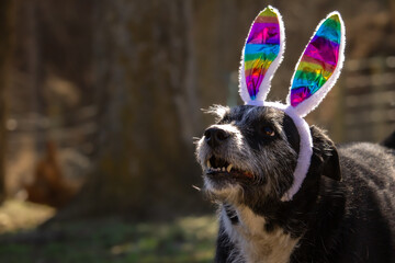 Cute Sweet Old Senior Happy Easter Pride LGBTQ Mixed Breed Border Collie Terrier Dog Smiling Looking Up and Left Wearing Rainbow Bunny Rabbit Ears Headband Costume with Space for Text Outdoors