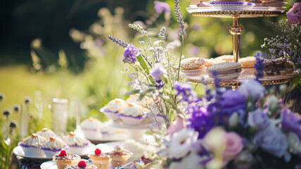 Wedding table decoration with lavender flowers, sweets and cake