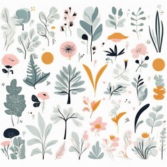 A collection of seamless pattern, colorful abstract plants and flowers. Hand drawn Collection of leaves and flowers. A close up of a pattern of flowers and leaves.
