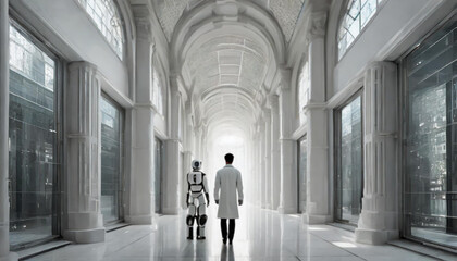 Scientist with robot walk down the white corridor of an empty space inside futuristic and elegant building. Rear view.