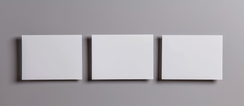 White blank business card, postcard, and flyer on a gray background