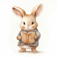 Watercolor cute rabbit in a sweater holding open book. Ai generated image