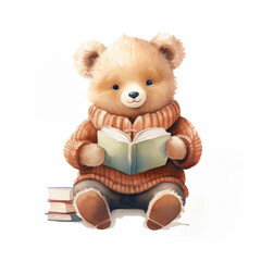 Watercolor bear in a sweater reading book. Ai generated image