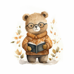 Watercolor bear in a sweater reading book. Ai generated image