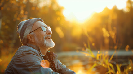Smiling Senior Man Enjoying Sunset