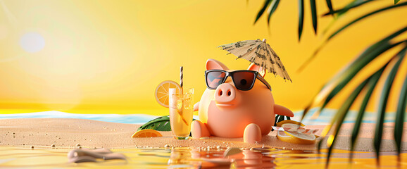 A pig is sitting on the beach with a drink and sunglasses on. Beach vacation.