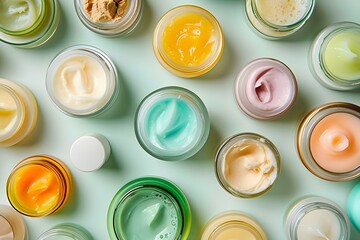 Closeup of a variety of skincare products including creams lotions gels and serums in jars and bottles. Concept Skincare Products, Closeup Shots, Jars and Bottles, Creams and Lotions