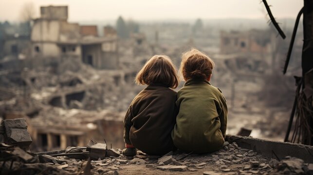 The echo of war! the child stands alone against the broken city and hugs his toy