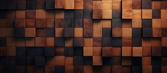 A close up of a brown hardwood wall made of rectangular wooden squares. The pattern creates a unique flooring look with various tints and shades