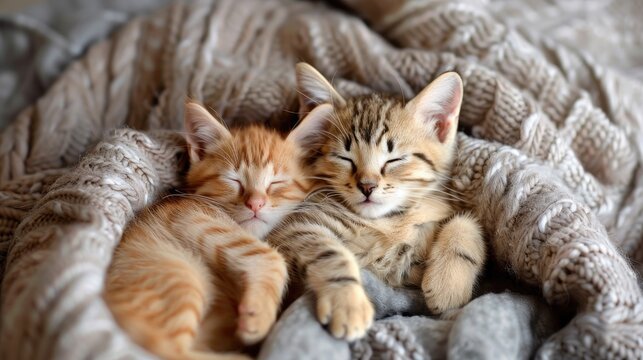 cute cats kitten in bed sleeping and hugging cuddle each other. Animals pets photography background