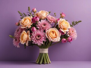 Obraz premium a bouquet of lilac and orange flowers in a vase on a purple background