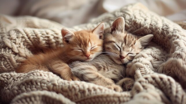 cute cats kitten in bed sleeping and hugging cuddle each other. Animals pets photography background