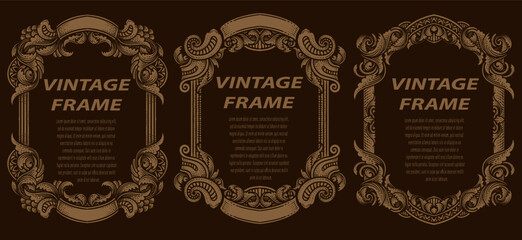 Set antique engraving frame border label, vintage hand drawn, vector illustration