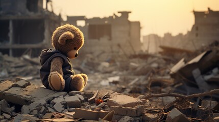 The echo of war! the child stands alone against the broken city and hugs his toy - obrazy, fototapety, plakaty