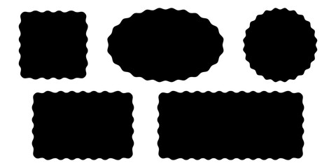 Set of square, rectangle, circle and oval shapes with wavy edges. Empty text boxes, tags, labels or stickers templates with undulate borders isolated on white background. Vector graphic illustration.