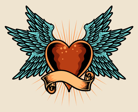 Illustration heart with wings, vector illustration on white background