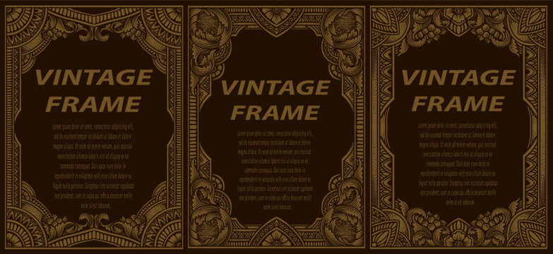 Set antique engraving frame border label, vintage hand drawn, vector illustration