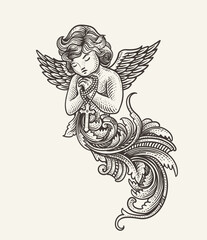 Illustration of cupid angel with engraving ornament, vector hand drawn.