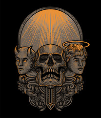 Illustration of skull head with demon and angel engraving ornament style