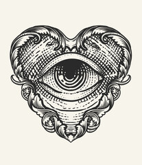 Illustration of heart ornament with All Seeing Eye of God, vector hand drawn.