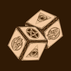 Illustration Pair of dice with vintage engraving ornament style. All Seeing Eye of God, heart, pentagram.