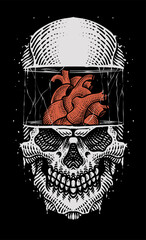 Illustration skull head with heart engraving style on black background