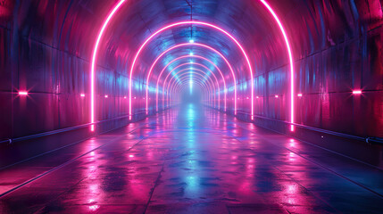 Arch-shaped tunnel with smoke and illuminated in vibrant colors.