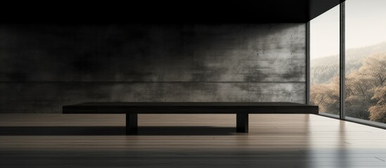 A simple wooden bench placed near a roomy window with ample natural light shining through - obrazy, fototapety, plakaty