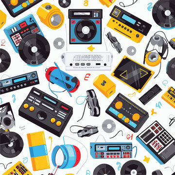 Hip-hop seamless pattern with music equipment. Stre
